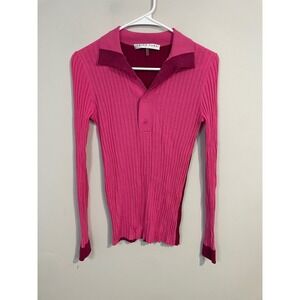 Trina Turk Pink Colorblock Ribbed Long Sleeve Polo Sweater Size Small Preppy